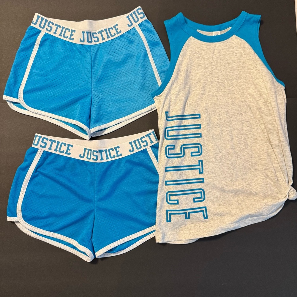 Justice Blue & Gray Activewear Lot / Bundle, Girls size 8-10. Shirt & Shorts